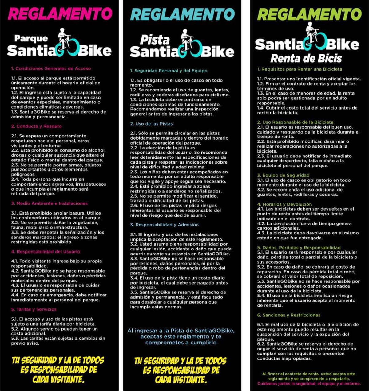 Reglamento del parque SantiaGobike con tres documentos de regulación, seguridad e instrucciones para el servicio de bicicletas compartidas